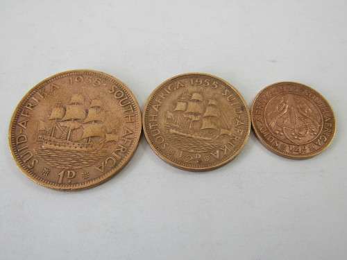 Set of 3 x 1955 Union coins, 1/4d, 1/2d and 1d / penny, excellent condition, many available