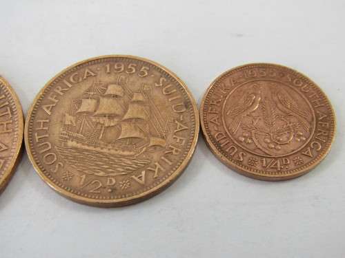 Set of 3 x 1955 Union coins, 1/4d, 1/2d and 1d / penny, excellent condition, many available