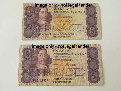 2 x Old SA R5 Bank notes, Stals, BT and BU series