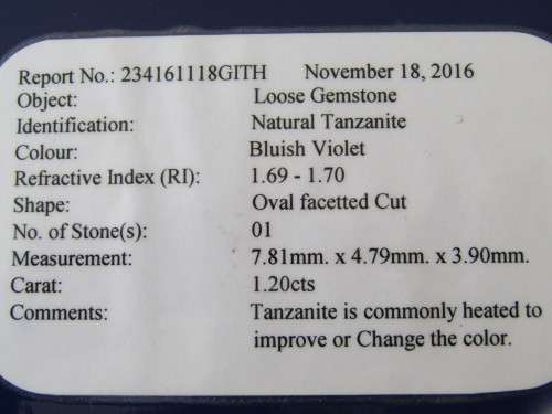 Tanzanite, 1.2cts, Bluish Violet, Oval facetted cut, 1.69-1.70, natural, HKD Canada certified
