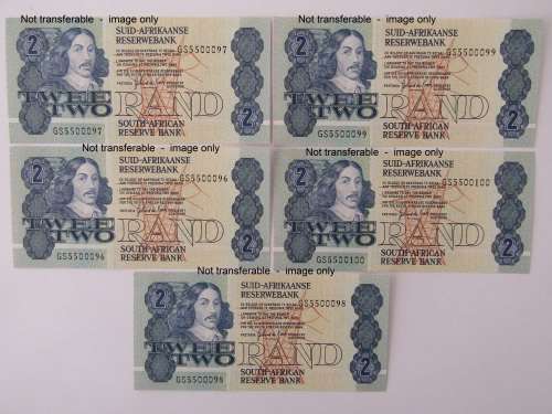 Lot of 5 South African R2 bank notes, Gerhard de Kock. With consecutive numbers, uncirculated