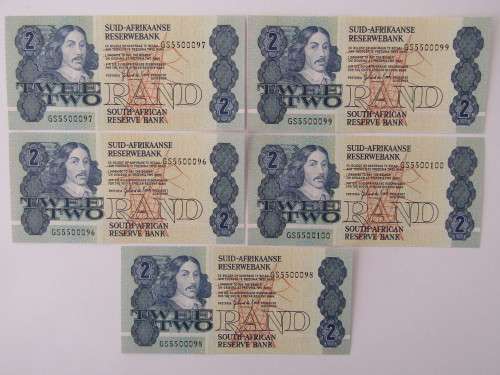 Lot of 5 South African R2 bank notes, Gerhard de Kock. With consecutive numbers, uncirculated