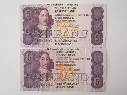 Lot of 2 South African R5 bank notes, CL Stals, BE/CJ, near mint condition,Many others available