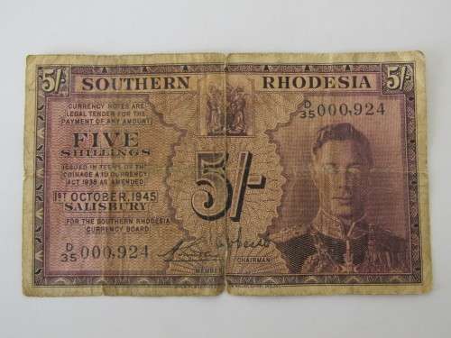 Rare Southern Rhodesia Five Shilling bank note, 1st October 1945 **NO RESERVE AUCTION**