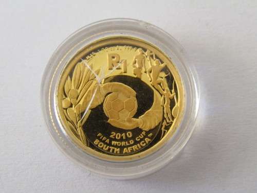 2008 1/10 oz 24ct Gold R1 proof coin in capsule, 2010 Fifa, mint and unused condition