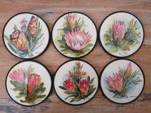 Vintage boxed set of 6 hand made coasters, flower motive, unused