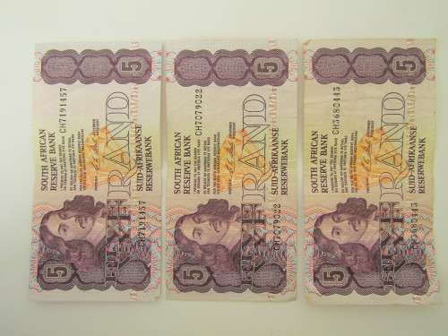 Lot of 3 South African R5 bank notes, CL Stals