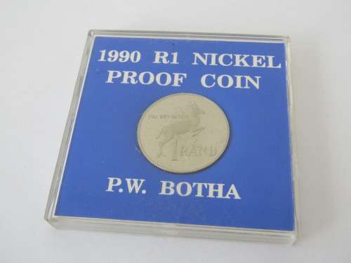 1990 Nickel proof R1 coin, PW Botha, cased **No reserve auction Now ON at Port no.5**