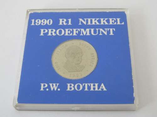 1990 Nickel proof R1 coin, PW Botha, cased **No reserve auction Now ON at Port no.5**