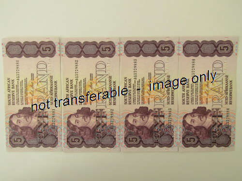 Lot of 4 South African R5 bank notes, CL Stals with consecutive numbers, mint condition