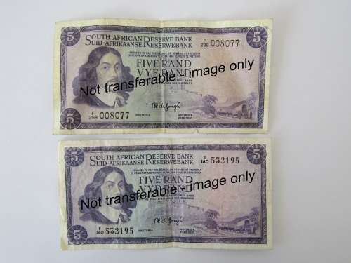 Lot of 2 old RSA R5 bank Notes. TW de Jongh, F series **No reserve auction Now On at Port no.5**