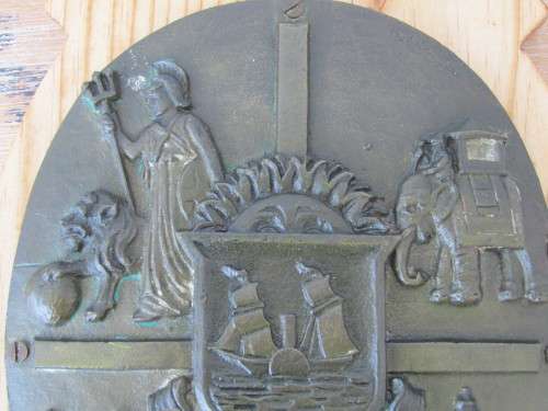 Antique solid brass or Bronze plaque, mounted on wood "Quis Separabit", 18cm x 22.5cm