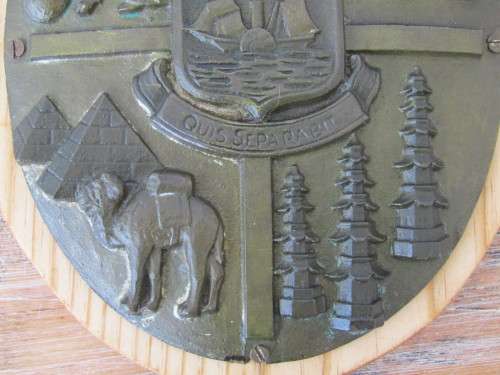 Antique solid brass or Bronze plaque, mounted on wood "Quis Separabit", 18cm x 22.5cm