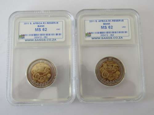 Lot of two 90 year SARB 2011 R5 MS62 graded coins with consecutive serial numbers, SANGS