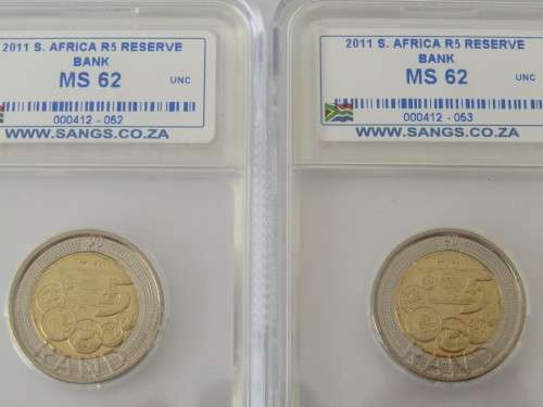 Lot of two 90 year SARB 2011 R5 MS62 graded coins with consecutive serial numbers, SANGS