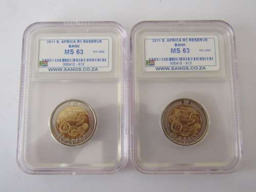 Lot of two 90 year SARB 2011 R5 MS63 graded coins with consecutive serial numbers, SANGS