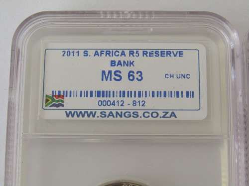 Lot of two 90 year SARB 2011 R5 MS63 graded coins with consecutive serial numbers, SANGS