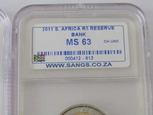 Lot of two 90 year SARB 2011 R5 MS63 graded coins with consecutive serial numbers, SANGS