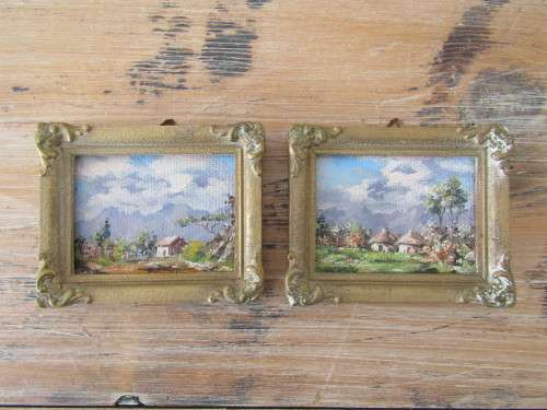 Pair of original vintage Oil on Board miniature paintings in Gilded Frames, signed, 10cm x 12cm