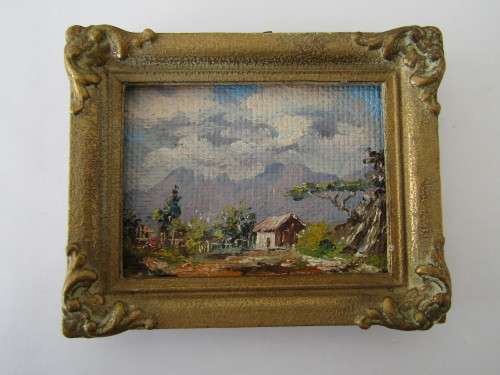 Pair of original vintage Oil on Board miniature paintings in Gilded Frames, signed, 10cm x 12cm