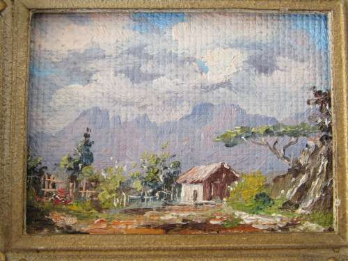 Pair of original vintage Oil on Board miniature paintings in Gilded Frames, signed, 10cm x 12cm