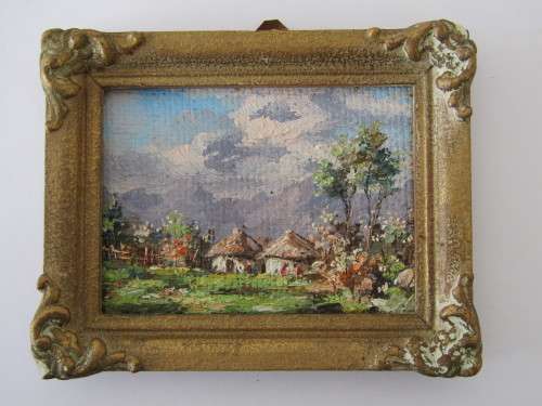 Pair of original vintage Oil on Board miniature paintings in Gilded Frames, signed, 10cm x 12cm