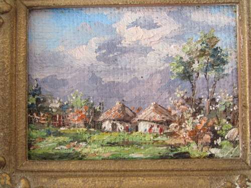 Pair of original vintage Oil on Board miniature paintings in Gilded Frames, signed, 10cm x 12cm