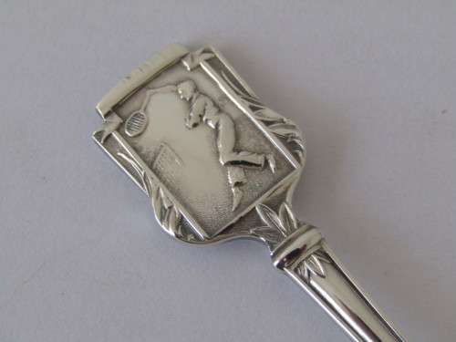Vintage lot of two Angora silverplated sport spoons, Tennis and Bowls, England, 12cm