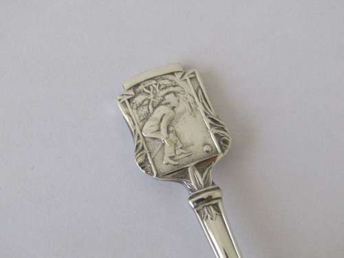 Vintage lot of two Angora silverplated sport spoons, Tennis and Bowls, England, 12cm