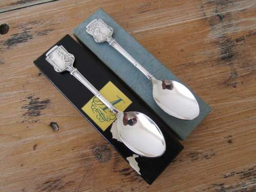 Vintage lot of two Angora silverplated sport spoons, Tennis and Bowls, England, 12cm