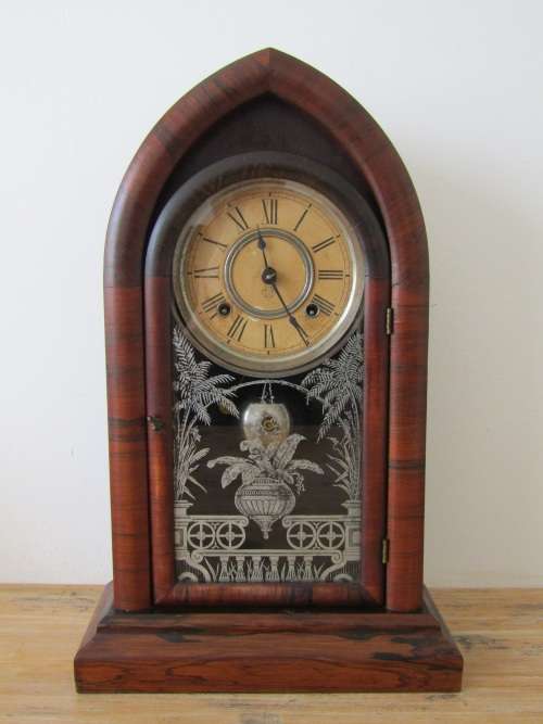 Vintage Ansonia Mahogany Gothic style mechanical Mantel Clock with original glass, Pendulum and Key