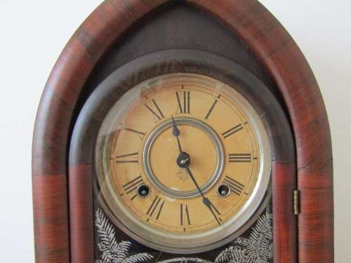 Vintage Ansonia Mahogany Gothic style mechanical Mantel Clock with original glass, Pendulum and Key