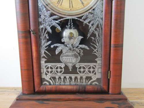Vintage Ansonia Mahogany Gothic style mechanical Mantel Clock with original glass, Pendulum and Key