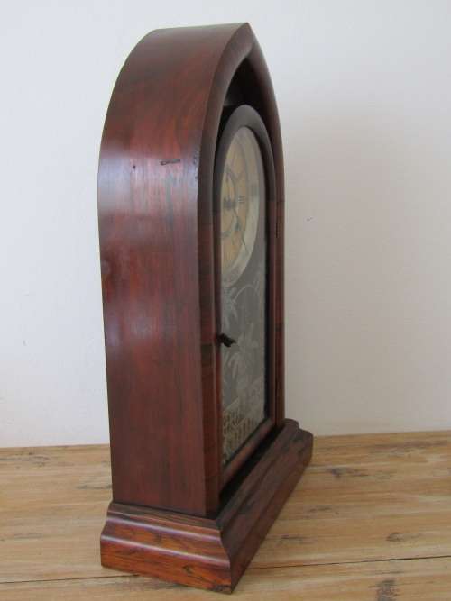 Vintage Ansonia Mahogany Gothic style mechanical Mantel Clock with original glass, Pendulum and Key