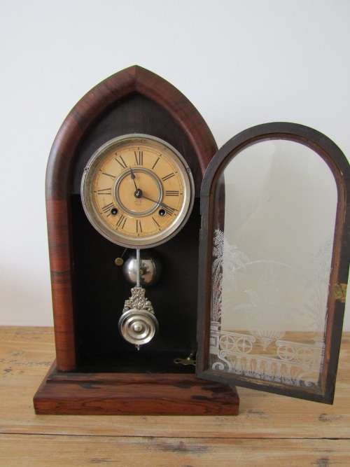 Vintage Ansonia Mahogany Gothic style mechanical Mantel Clock with original glass, Pendulum and Key