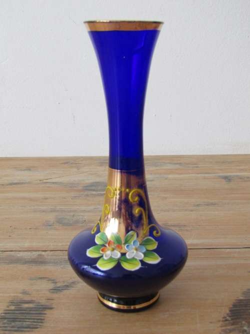 Vintage Venetian Gilt and Enamel dark Blue glass Vase, 17.5cm tall