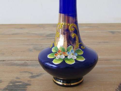 Vintage Venetian Gilt and Enamel dark Blue glass Vase, 17.5cm tall