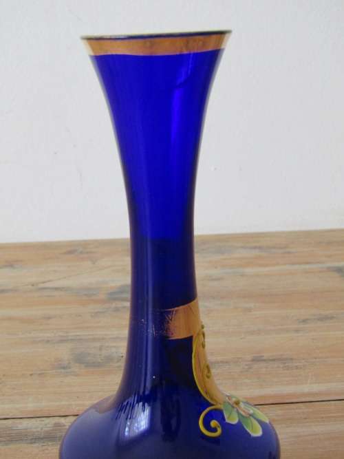 Vintage Venetian Gilt and Enamel dark Blue glass Vase, 17.5cm tall