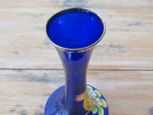 Vintage Venetian Gilt and Enamel dark Blue glass Vase, 17.5cm tall