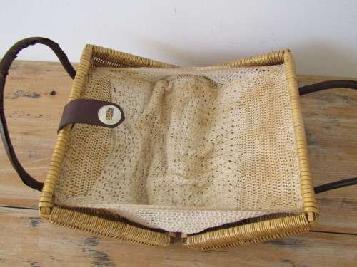 Vintage Wicker and Leather Hand bag, 30cm x 18cm x 11cm