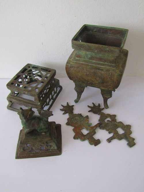 Antique original solid Bronze Oriental Incence burner with Foo Dog detail, large 41cmcm