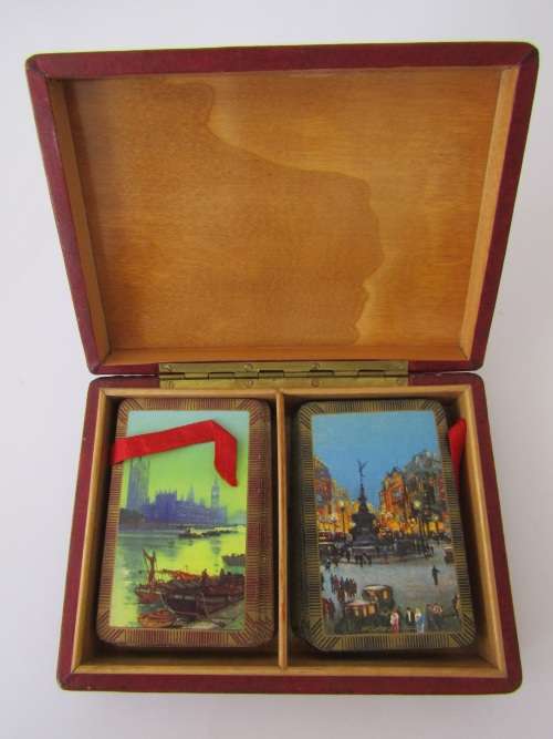 Two packs of original vintage playing Cards in a wooden Box 16cm x 11cm
