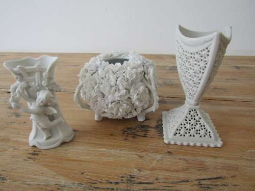 Lot of 3 Bisque ware items, Posy Vase, Incense holder and Cherub Vase, 10cm to 12.5cm