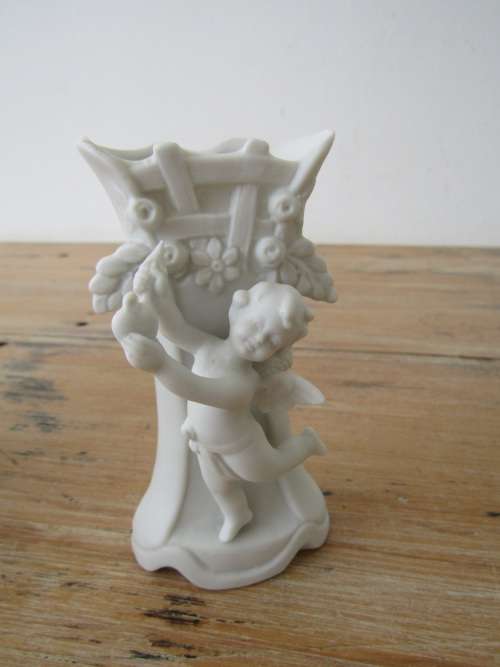 Lot of 3 Bisque ware items, Posy Vase, Incense holder and Cherub Vase, 10cm to 12.5cm