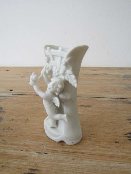 Lot of 3 Bisque ware items, Posy Vase, Incense holder and Cherub Vase, 10cm to 12.5cm