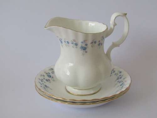 1970 Royal Albert "Memory Lane" tea creamer and 2 saucers, 1st quality