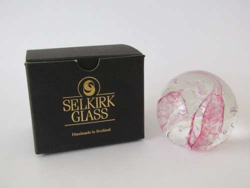 Original vintage Selkirk art glass Paperweight, Windswept, original box, mint condition, 7cm diam