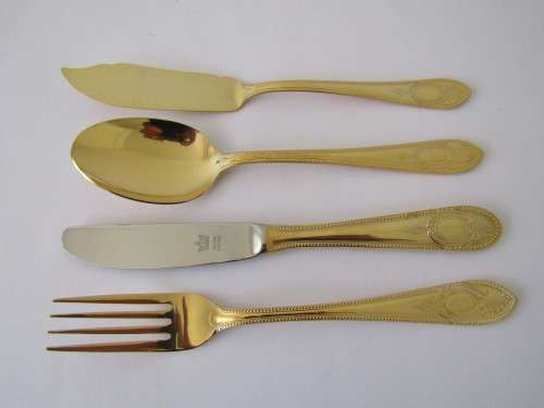 Vintage 24 piece Cutlery Set, Solingen 23/24 Ct, Gold plated, Hartvergoldet, Germany, serves 6