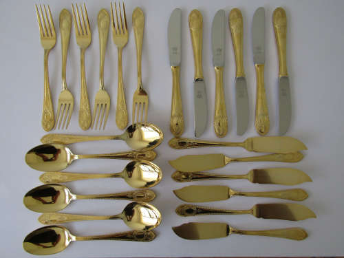 Vintage 24 piece Cutlery Set, Solingen 23/24 Ct, Gold plated, Hartvergoldet, Germany, serves 6
