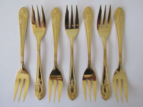 Vintage 6 piece Cake Fork Set, Solingen 23/24 Ct, Gold plated, Hartvergoldet, Germany, serves 6